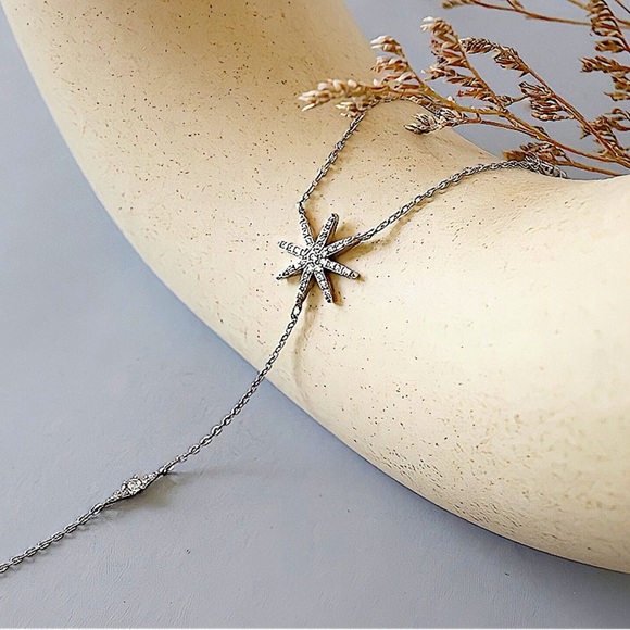 Sterling Silver Dainty Star Necklace, CZ Necklace,  North Star Crystal - Picture 1 of 11